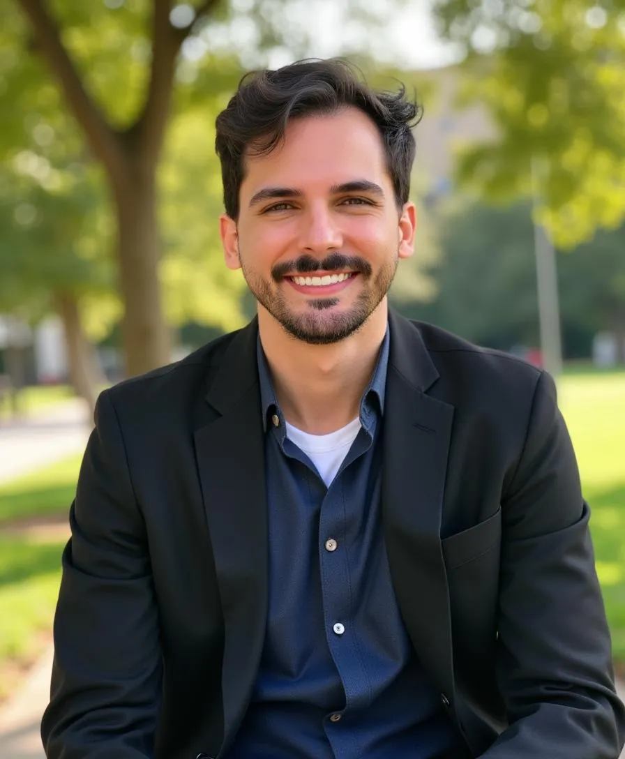 Harry Schlorke - Designer e Desenvolvedor Harry Schlorke sorrindo em ambiente de trabalho